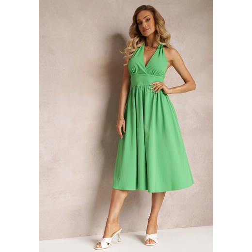 Zielona Rozkloszowana Sukienka Midi z Wiązaniem na Szyi Phinadi ze sklepu Renee odzież w kategorii Sukienki - zdjęcie 160046023