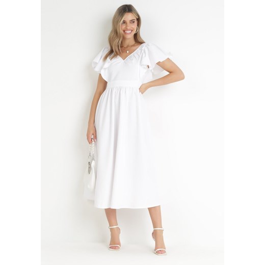 Biała Sukienka Midi z Falbanami przy Ramionach Happisa ze sklepu Born2be Odzież w kategorii Sukienki - zdjęcie 160050404