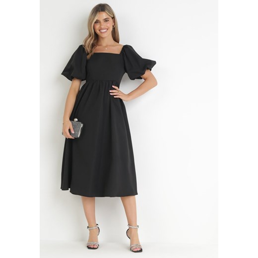 Czarna Rozkloszowana Sukienka Midi z Bufiastymi Rękawami i Kwadratowym Dekoltem Ceania ze sklepu Born2be Odzież w kategorii Sukienki - zdjęcie 160050424