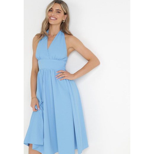 Niebieska Rozkloszowana Sukienka z Wiązaniem na Szyi Nosalae ze sklepu Born2be Odzież w kategorii Sukienki - zdjęcie 160050464