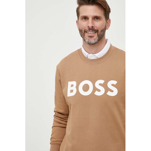 BOSS bluza bawełniana męska kolor beżowy z nadrukiem ze sklepu ANSWEAR.com w kategorii Bluzy męskie - zdjęcie 160057673
