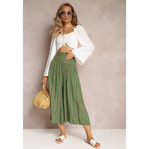 Zielone Szerokie Spodnie Bawełniane z Wysokim Stanem i Długością 7/8 Jorste ze sklepu Renee odzież w kategorii Spodnie damskie - zdjęcie 160067153