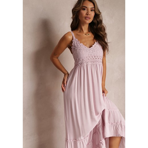 Różowa Rozkloszowana Sukienka Maxi z Koronką i Głębokim Dekoltem Zonila ze sklepu Renee odzież w kategorii Sukienki - zdjęcie 160067243