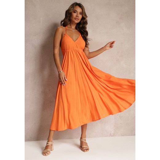 Pomarańczowa Sukienka Midi z Wiskozy i Wiązaniem na Szyi Alleve ze sklepu Renee odzież w kategorii Sukienki - zdjęcie 160067343