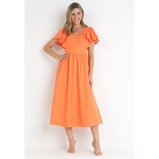 Pomarańczowa Sukienka Midi z Falbanami przy Ramionach Happisa ze sklepu Born2be Odzież w kategorii Sukienki - zdjęcie 160072620