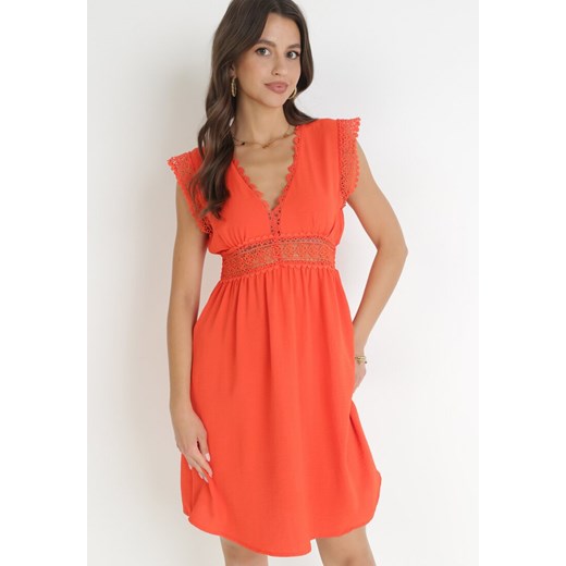 Pomarańczowa Rozkloszowana Sukienka Mini z Gumkami w Pasie i Koronkowymi S/M Born2be Odzież promocja