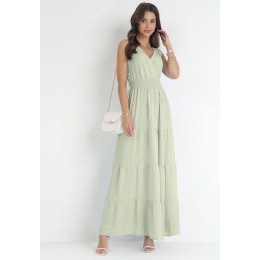 Jasnozielona Sukienka Maxi z Kopertowym Dekoltem i Gumką w Pasie Eiliana ze sklepu Born2be Odzież w kategorii Sukienki - zdjęcie 160077651