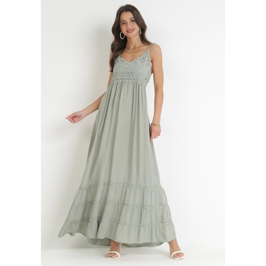 Zielona Sukienka Maxi na Ramiączkach z Koronkowymi Wstawkami i Falbankami Lemera ze sklepu Born2be Odzież w kategorii Sukienki - zdjęcie 160077781
