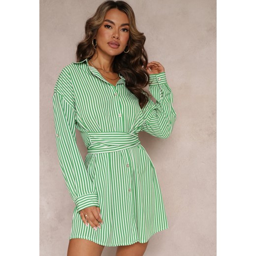 Zielona Sukienka Mini Koszulowa z Paskiem w Talii z Wiskozy Emire ze sklepu Renee odzież w kategorii Sukienki - zdjęcie 160077990