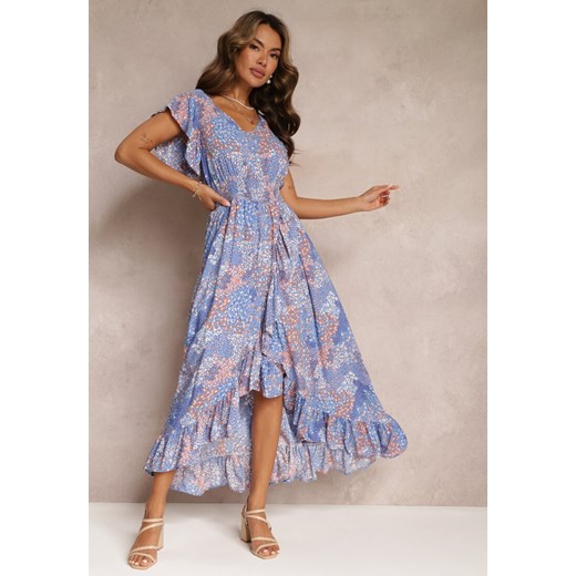 Niebieska Sukienka z Falbankami Gumką w Talii z Wiskozy Leth ze sklepu Renee odzież w kategorii Sukienki - zdjęcie 160078071