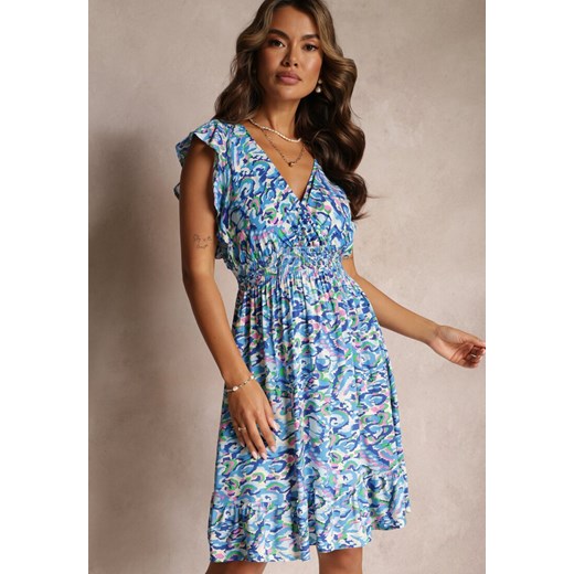 Niebieska Sukienka z Falbanką i Kopertowym Dekoltem Leanah ze sklepu Renee odzież w kategorii Sukienki - zdjęcie 160081791