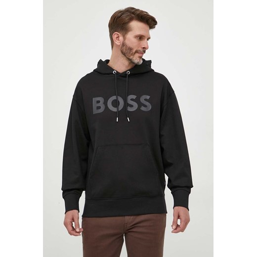 BOSS bluza bawełniana męska kolor czarny z kapturem z nadrukiem 50496661 ze sklepu ANSWEAR.com w kategorii Bluzy męskie - zdjęcie 160083593