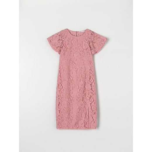 Sukienka różowa Sinsay dopasowana z krótkim rękawem z koronką elegancka midi 