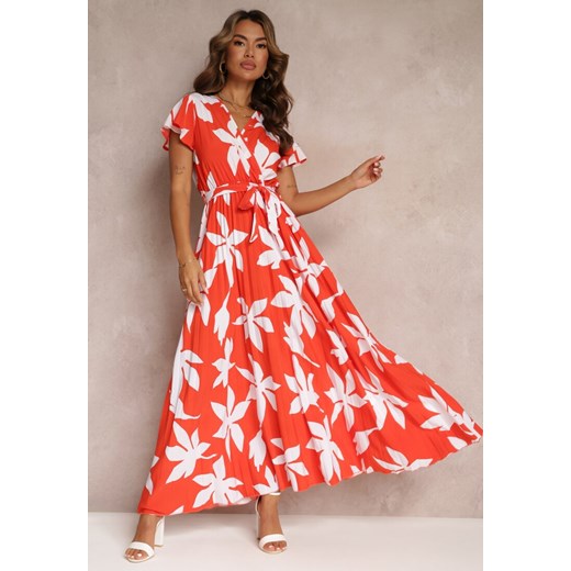Czerwona Wiskozowa Sukienka Maxi z Gumką w Talii i Plisowanym Dołem Martisa ze sklepu Renee odzież w kategorii Sukienki - zdjęcie 160121970