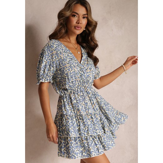 Niebieska Sukienka Mini z Gumką w Pasie i Kopertowym Dekoltem z Wiskozy Littlestar ze sklepu Renee odzież w kategorii Sukienki - zdjęcie 160138383