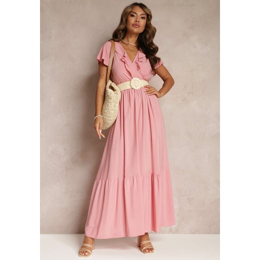 Różowa Sukienka Maxi z Kopertowym Dekoltem i Gumką w Talii Broka ze sklepu Renee odzież w kategorii Sukienki - zdjęcie 160139841