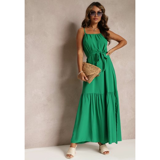 Zielona Rozkloszowana Sukienka na Ramiączkach z Wiązanym Paskiem Diadite ze sklepu Renee odzież w kategorii Sukienki - zdjęcie 160139853