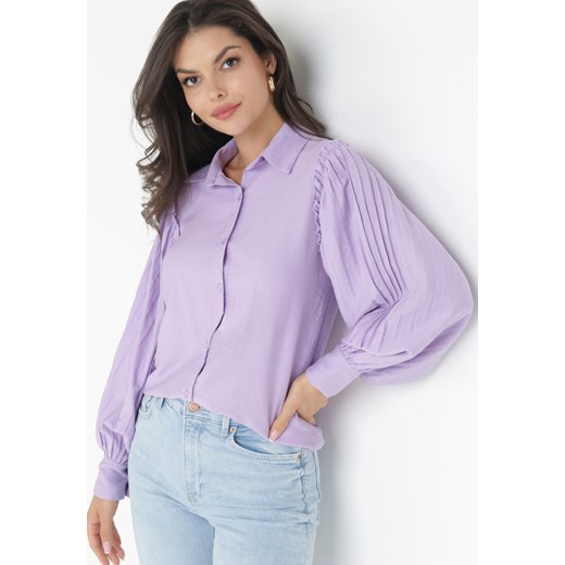 Fioletowa Koszula z Plisowanymi Rękawami Leophone ze sklepu Born2be Odzież w kategorii Koszule damskie - zdjęcie 160140604