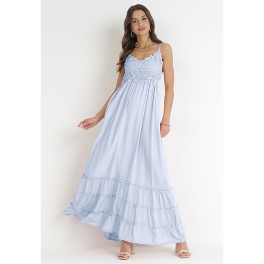 Niebieska Sukienka Maxi na Ramiączkach z Koronkowymi Wstawkami i Falbankami Lemera ze sklepu Born2be Odzież w kategorii Sukienki - zdjęcie 160140733