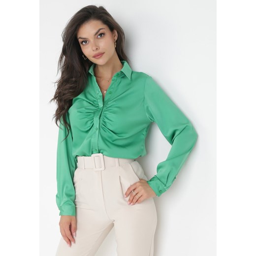 Zielona Satynowa Koszula z Marszczeniami Kosse ze sklepu Born2be Odzież w kategorii Koszule damskie - zdjęcie 160140821