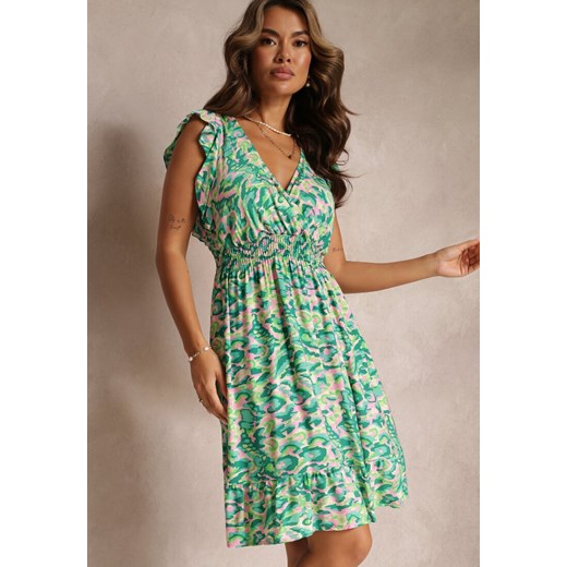Jasnozielona Sukienka z Falbanką i Kopertowym Dekoltem Leanah ze sklepu Renee odzież w kategorii Sukienki - zdjęcie 160151472