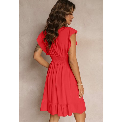 Czerwona Mini Sukienka z Wiskozy o Rozkloszowanym Fasonie i Kopertowym Dekolcie Renee M Renee odzież okazja