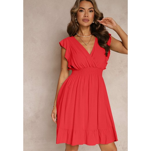 Czerwona Mini Sukienka z Wiskozy o Rozkloszowanym Fasonie i Kopertowym Dekolcie Renee S okazyjna cena Renee odzież