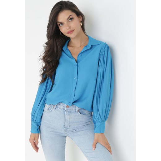 Niebieska Koszula z Plisowanymi Rękawami Leophone ze sklepu Born2be Odzież w kategorii Koszule damskie - zdjęcie 160207463