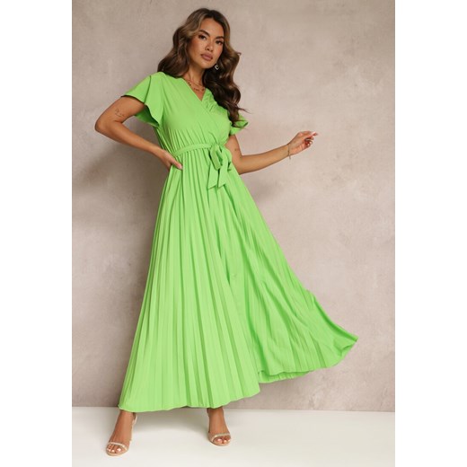 Zielona Koktajlowa Maxi Sukienka Ozdobiona Plisami z Trójkątnym Dekoltem i Wiązaniem w Talii Phoelia ze sklepu Renee odzież w kategorii Sukienki - zdjęcie 160212672