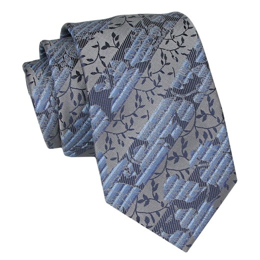 Klasyczny Krawat Męski - ALTIES - Szary, Niebieski, Liście KRALTS0907 ze sklepu JegoSzafa.pl w kategorii Krawaty - zdjęcie 160216812