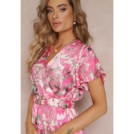 Różowa Rozkloszowana Sukienka Maxi z Gumką w Talii i Materiałowym Paskiem Tivia Renee L okazja Renee odzież