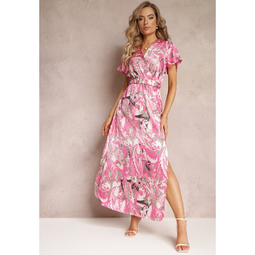 Różowa Rozkloszowana Sukienka Maxi z Gumką w Talii i Materiałowym Paskiem Tivia Renee XL okazja Renee odzież