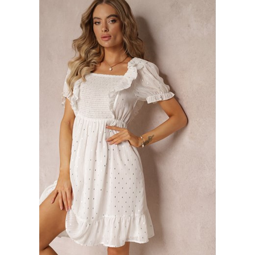 Biała Sukienka Mini z Gumką w Talii i Wiązaniem na Plecach Olitisa ze sklepu Renee odzież w kategorii Sukienki - zdjęcie 160219072