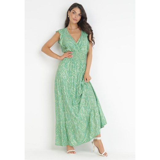 Zielona Maxi Sukienka Wiskozowa z Gumką w Talii i Metalicznym Nadrukiem Fianre ze sklepu Born2be Odzież w kategorii Sukienki - zdjęcie 160288322