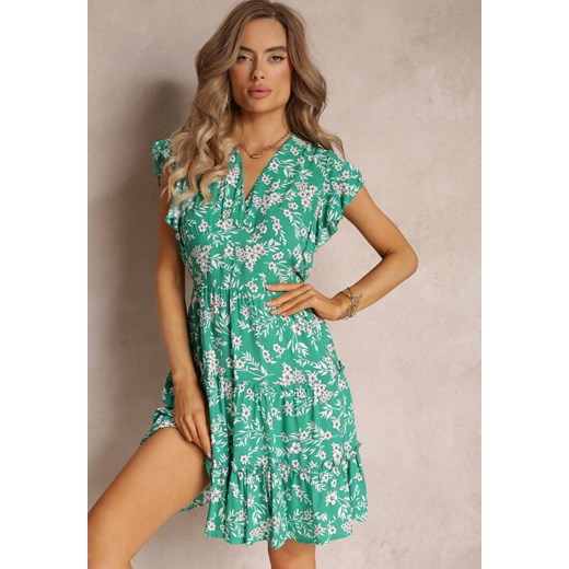 Zielona Rozkloszowana Sukienka z Wiskozy i Falbankami Brindisi ze sklepu Renee odzież w kategorii Sukienki - zdjęcie 160288832
