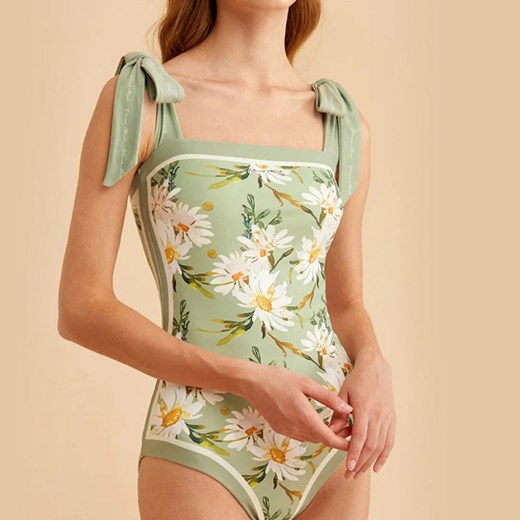 Jednoczęściowy strój kąpielowy dwustronny w kwiaty - Zielony / S ze sklepu Lovita.pl w kategorii Stroje kąpielowe - zdjęcie 160292273