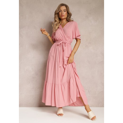 Różowa Rozkloszowana Sukienka z Falbanką i Wiązanym Paskiem Adotine ze sklepu Renee odzież w kategorii Sukienki - zdjęcie 160308911
