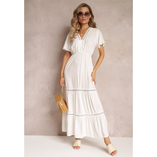 Biała Rozkloszowana Sukienka Maxi z Gumką w Talii i Koronkowym Dekoltem Cheteia ze sklepu Renee odzież w kategorii Sukienki - zdjęcie 160308921