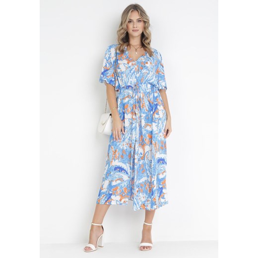 Niebieska Sukienka Midi ze Ściągaczem Veneranda ze sklepu Born2be Odzież w kategorii Sukienki - zdjęcie 160315004
