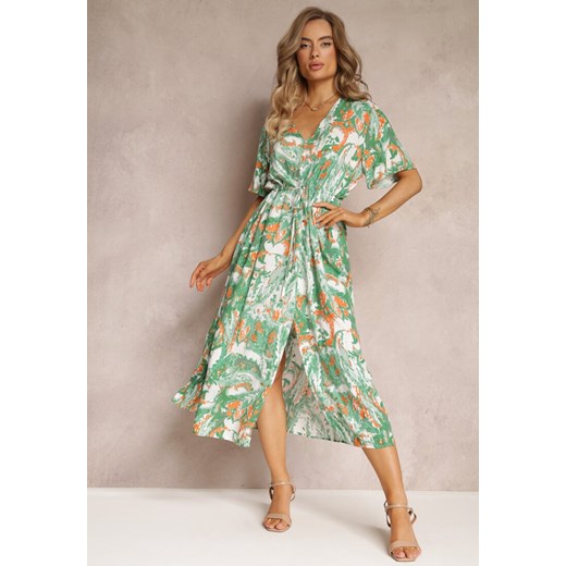 Zielona Rozkloszowana Sukienka Midi z Wiskozy i Ściągaczem w Talii Idalli ze sklepu Renee odzież w kategorii Sukienki - zdjęcie 160315403