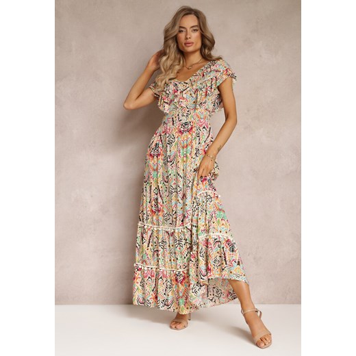 Beżowa Wiskozowa Sukienka Maxi z Pomponami i Gumką w Talii Belmona ze sklepu Renee odzież w kategorii Sukienki - zdjęcie 160315483