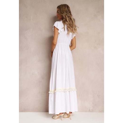 Biała Wiskozowa Maxi Sukienka z Frędzlami i Wiązaniem przy Dekolcie Rosania Renee S okazja Renee odzież