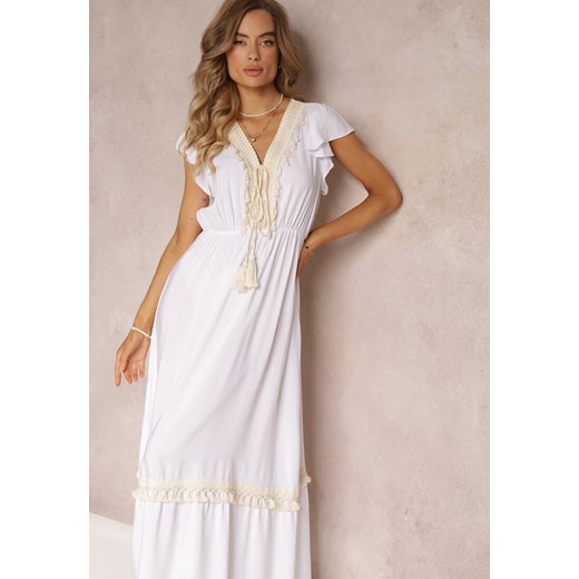 Biała Wiskozowa Maxi Sukienka z Frędzlami i Wiązaniem przy Dekolcie Rosania Renee S okazyjna cena Renee odzież