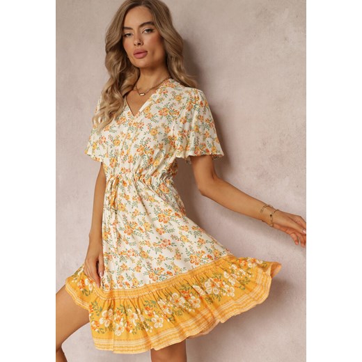 Żółto-Beżowa Rozkloszowana Sukienka Mini z Krótkimi Rękawami i Sznurkiem w Pasie z Wiskozy Annese ze sklepu Renee odzież w kategorii Sukienki - zdjęcie 160315583