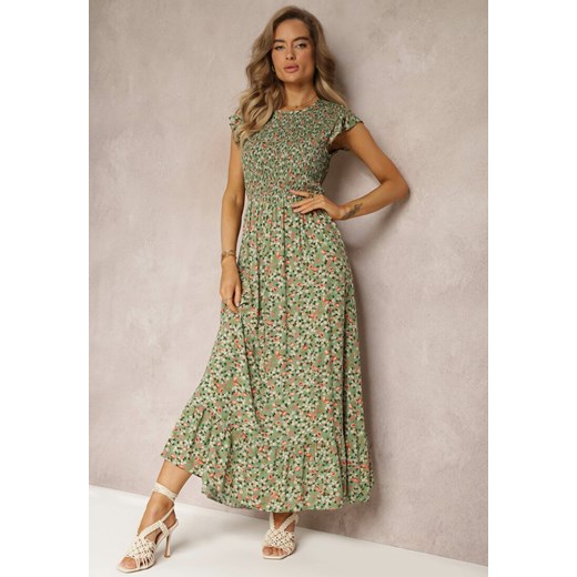 Zielona Rozkloszowana Sukienka z Wiskozy w Kwiaty Evanitte ze sklepu Renee odzież w kategorii Sukienki - zdjęcie 160317424