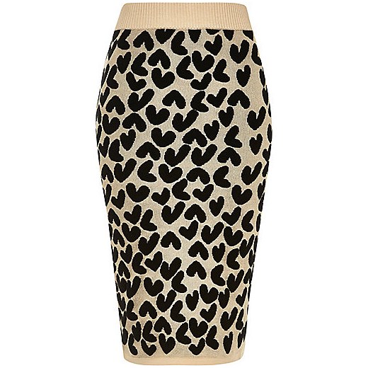 Black knitted heart pencil skirt river-island brazowy 