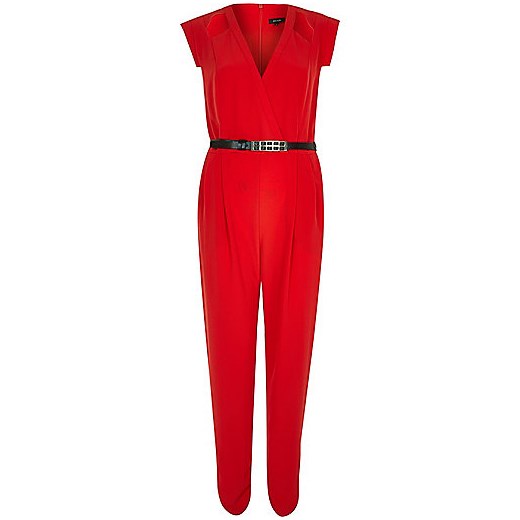 Red cut out wrap front belted jumpsuit river-island czerwony 