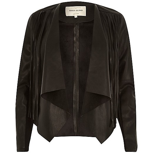 Black leather-look fringed fallaway jacket river-island czarny kurtki