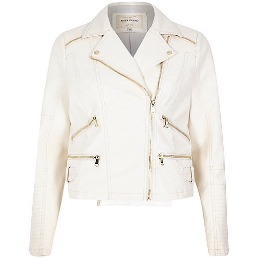 White leather-look zip biker jacket river-island bezowy kurtki