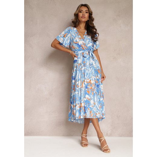 Niebieska Sukienka Midi z Gumką w Talii i Kopertowym Dekoltem Stanlia ze sklepu Renee odzież w kategorii Sukienki - zdjęcie 160409903